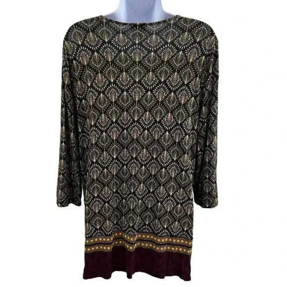 J Jill Womens L 3/4 Sleeve Tunic Top Geometric Peacock Print Henley Style Tunic - Picture 2 of 14